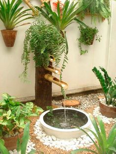 a water fountain surrounded by potted plants