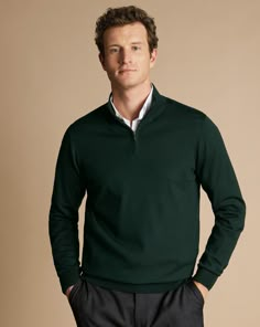 100% merino wool, Woolmark-certified, Zip neck, Contrast back neck trim, Garment washed for a softer finish, Naturally biodegradable, Naturally breathable, Machine washable - Merino Zip Neck Jumper - Forest Green | Men's Charles Tyrwhitt Merino Zip Neck Sweater - Forest Green Size Large Wool Sweater Quarter Zip Men, Mens V Nexk Sweater, Luxury Men's Polo Sweater With Collared Neckline, Mens Green Wool Sweater, Quarter Zip Men L.l.bean, Forest Green Mens Sweater, Knit Sweaters Men Nordstrom, Green Christmas Outfit Men, Mens Casual Office Wear