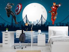 an image of a bedroom scene with captain america and iron man in the night sky