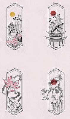 four different types of vases with flowers and animals in them on white paper background