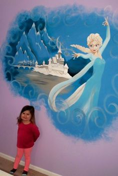 Elsa Frozen themed wall mural Hand Painted Wall Murals, Painted Wall Murals, Disney Bedrooms, Wall Murals Painted, Frozen Themed, Sensory Room