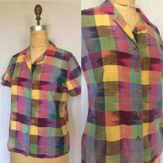 "Super cute w great colors! Vintage cotton button down top. Measurements taken flat: 15\" shoulder seam to seam  19\" across chest  23\" length" Casual Multicolor Cotton Blouse, Multicolor Buttoned Tops For Summer, Casual Multicolor Collared Blouse, Multicolor Relaxed Fit Cotton Blouse, Cotton Summer Blouse With Buttons, Cotton Shirt With Camp Collar In Multicolor Print, Relaxed Fit Multicolor Cotton Blouse, Relaxed Fit Multicolor Patterned Top, Colorful Short Sleeve Casual Blouse