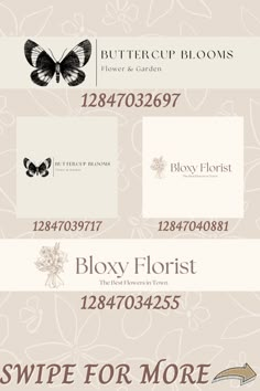 the logo and business cards for butterfly florist, which is located in an area with