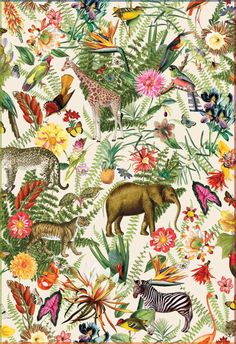 an animal themed scarf with many different types of animals and flowers on the bottom half of it