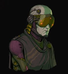 a man in a futuristic suit with goggles on his face and neck, standing against a black background