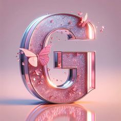 the letter g is made up of pink and silver glitters with butterflies flying around it