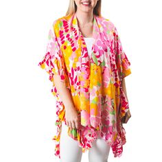 The one size Ruffle Kimono is a great addition to your swim and resort wear. Perfect length for great coverage, with ruffle trim detail along sides and fun prints. Fun sea life or bright florals are great for the pool, beach or over your favorite white jeans. Details & Care One Size 100% Viscose Hand wash. Hang dry. Imported