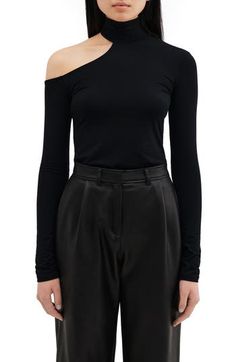 This close-fitting turtleneck top is designed with an edgy neckline cutout for day-to-night appeal. Turtleneck Long sleeves 96% Tencel® lyocell, 4% elastane Tencel lyocell is a more-sustainably produced fiber made with closed-loop processing Machine wash, line dry Imported Elastane Tops With Minimal Stretch For Night Out, Night Out Tops With Minimal Stretch Elastane, Night Out Tops With Minimal Stretch, Solid Turtleneck Tops For Night Out, Chic Fitted Mock Neck Top For Night Out, Chic Mock Neck Top For Night Out, Chic Turtleneck Top For Night Out, Chic Fitted Black Mock Neck Top, Chic Black Fitted Mock Neck Top