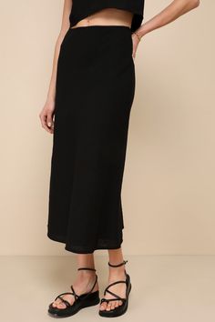 Black High-Rise Skirt - A-Line Midi Skirt - Midi Skirt - Skirt - Lulus Solid Flared Skirt For Daywear, Long Pencil Skirt With Lining For Daywear, Long Lined Pencil Skirt For Daywear, Solid Color Midi Skirt For Daywear, Solid Maxi Skirt For Daywear, Asymmetrical Relaxed Skirt For Daywear, Casual Long Pencil Skirt For Day Out, Solid Stretch Skirt For Daywear, Spring Relaxed Fit Pencil Skirt For Daywear