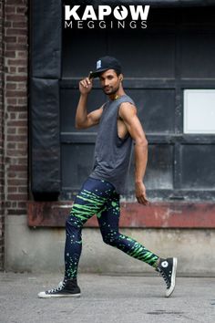 ‘Acid Jazz’ men’s leggings. You are a spitting cobra on a midnight dance floor. Kapow Originals are designed to fit like a second skin. Lightweight, breathable, high stretch spandex & polyester for free movement, comfort and durability. Designed for the gym, festivals, yoga, running, supercharging your street style, and attacking life with the confidence of a rock star l Mens Fitness Fashion l Mens Fitness Fashion l Mens Athletic Fashion #mensleggings Urban Fitted Activewear For Workout, Urban Fitted Activewear For Streetwear, Urban Fitted Sports Pants, Urban Fitted Pants For Sports, Black Leggings Outfit Casual, Shorts Over Tights, Mens Athletic Fashion, Mens Festival Fashion, Men Leggings