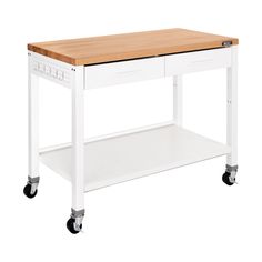 a kitchen island with two drawers and wheels on the bottom shelf is shown in white