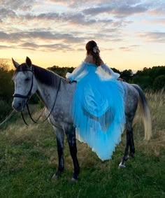 a woman in a blue dress riding on the back of a gray and black horse