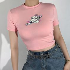 Sure Planet Printed Pink Tee sold by Violetlace Boutique on Storenvy Blue T Shirt Outfit, Kawaii Ulzzang, Planet Graphic, Goth Kawaii, T Shirt Outfit, 00s Fashion, Business Casual Outfits For Women, Women Fashion Edgy, Soft Aesthetic