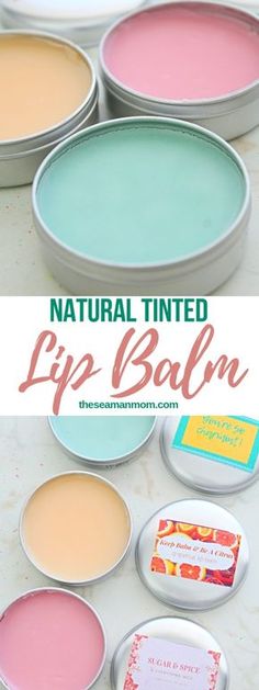 several tins with lip bales in them and the text natural tinted lip bale