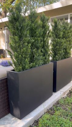 two large planters sitting next to each other in front of a house