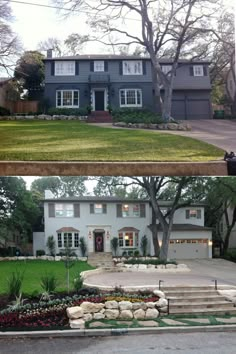 before and after photos of a house with landscaping in the front yard, from top to bottom