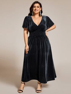 Plus Size A-line V-Neck Short Sleeve Pleated Velvet Fall Wedding Guest Dress #color_Grey Blue March Wedding Guest Dress, Wedding Guest Dress Plus Size, March Wedding, Fall Wedding Guest, Fall Wedding Guest Dress, Exude Confidence, Ever Pretty, Wedding Guest Looks, Game Dresses