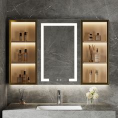 a bathroom sink with lighted shelves above it and a mirror on the wall behind it