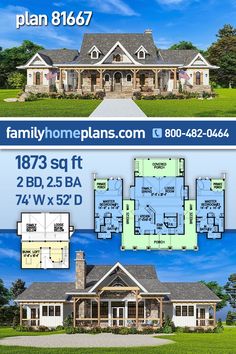 two story house plan with 3 bedroom and 2 bathrooms in the front, an open floor plan