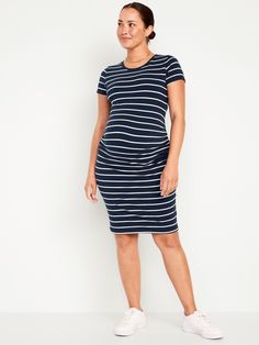 crew neck short sleeves shirred sides fitted hits above knee model is approximately 5'9" and wears size m (8) Perfect Dresses, Old Navy Maternity, Short Sleeve Bodycon Dress, Maternity Shorts, Womens Maternity, Navy Stripes, Christmas Dress, Dress Blue, Perfect Dress