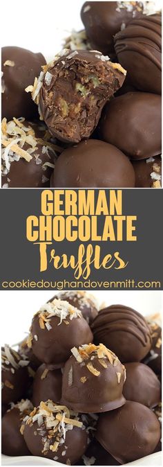 german chocolate truffles with coconut on top and in the background, there is a plate full of them