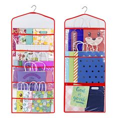 two red hanging storage racks filled with lots of items