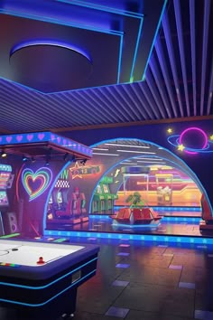 a brightly lit room with pool tables and neon lights