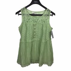 Forgotten Grace Eyelet Lace Embroidered Tank Top Green Women's Small Boho Blouse New With Tags. Color: Sage Green Eyelet Lace Embroidered Tank 100% Rayon Lightweight Hand Wash Cold 18.5 Across Chest 27" Back Length Nordstrom Brand Spring Embroidered Cotton Lace Top, Summer Embroidered Cotton Lace Top, Casual Embroidered Top With Lace Trim For Summer, Embroidered Cotton Lace Top For Summer, Spring Green Blouse With Lace Trim, Green Casual Blouse With Lace Top, Green Casual Embroidered Top, Spring Embroidered Cotton Crochet Top, Fitted Sleeveless Embroidered Top For Spring