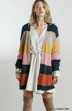 Umgee Multicolored Striped Long Sleeve Knit Open Front Sweater Cardigan   Color: Forest green Mix Fit & Model Notes: • Model is 5'8" and is wearing a small. • All Measurements are approximate. Fabric Contents: • 100% Acrylic