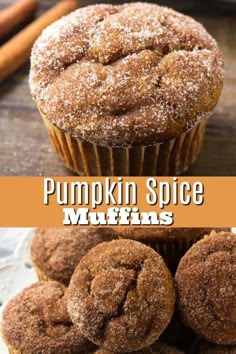 pumpkin spice muffins stacked on top of each other with cinnamon sticks in the background