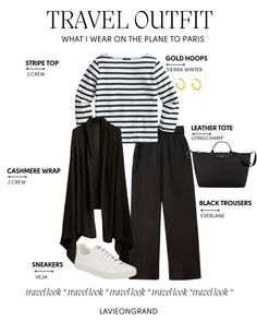 stripes and trousers paris travel outfit Travel Airplane Outfit, Chic Travel Outfit, Comfortable Travel Outfit, Comfy Travel Outfit, Airplane Outfits, Fashion Capsule Wardrobe, Travel Clothing, On The Plane, Travel Capsule Wardrobe