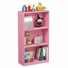 a pink book shelf filled with toys and books