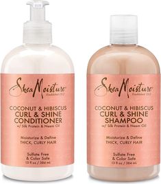 Shea Moisture Coconut & Hibiscus Curl & Shine Shampoo and Conditioner Set CURLY HAIR SHAMPOO: Sulfate free shampoo for color treated hair, curly hair or chemically treated hair. Deeply cleanse while smoothing with moisturizing coconut oil and silk proteins to leave hair healthy and shiny.  CURL & SHINE HAIR CONDITIONER: Use conditioner daily after shampooing to restore moisture without weighing hair down. Hair is more manageable with fewer tangles, knots, and snarls. Leaves hair soft with bouncy Shea Moisture Shampoo, Shea Moisture Coconut, Girl Hygiene, Curly Shampoo, Healthy Curly Hair, Coconut Hibiscus, Curl Products, Products For Curly Hair, Curl Shampoo