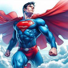 superman standing in the clouds with his red cape over his head and hands on his chest