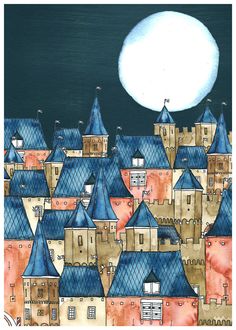 a painting of a castle with a full moon in the sky over it's rooftops