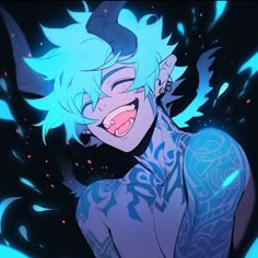 an anime character with blue hair and tattoos on his body, smiling at the camera