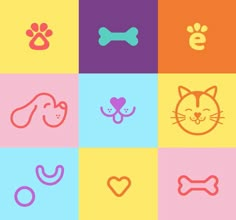 several different colored squares with dogs and cats icons on them, including one cat's head