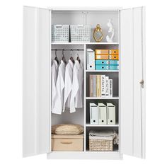 an open closet with clothes and books on shelves