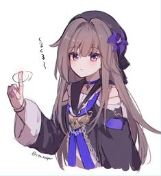 an anime character with long hair and blue eyes pointing to something in her hand,