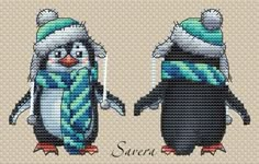 two penguins with hats and scarves on their heads