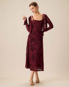 Women's Red Floral Bodycon Slip Midi Dress & Reviews - Wine Red - Dresses | RIHOAS Dark Floral Midi Dress, Cold Weather Wedding Outfit Guest, Midi Dress With Cardigan, Red Winter Dress, Burgundy Dress Outfit, Red Wine Dress, Recital Dress, Wine Red Dress, Winter Wedding Guest Dress