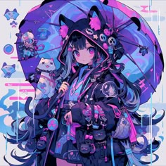 an anime character holding an umbrella with cats on it