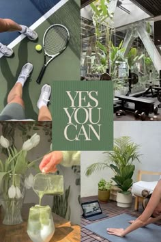 a collage of photos with tennis rackets and flowers in vases on the table