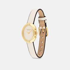 Designed with a modern minimalist sensibility the Sammy is a refined timepiece perfect for everyday. Finished with a leather strap this gold tone watch features a lacquer dial detailed with polished gold tone markers. | Coach Sammy Watch, 22 Mm - Women's - Chalk Coach Watches Women Gold, Minimalist Formal Watch With Round Dial, Minimalist Formal Watch, Minimalist Formal Watches, Gold Watch With Leather Strap And Round Dial, Gold Watches With Leather Strap And Round Dial, Yellow Gold Leather Watch With Metal Dial, Yellow Gold Leather Watch With Round Dial, Gold Minimalist Watch For Everyday Use