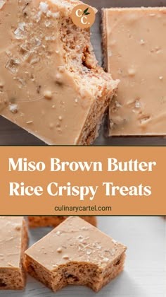 brown butter rice crispy treats with text overlay that reads, miso brown butter rice crispy treats