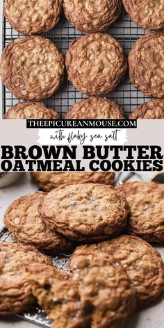 brown butter oatmeal cookies on a cooling rack with the title above it