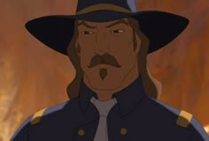 an animated image of a man with long hair wearing a hat and uniform, looking at the camera