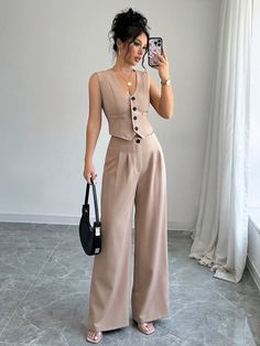 Women's Button-Up Sleeveless Blazer Top And Straight Leg Casual Pants Suit Set Khaki Elegant    Plain  Non-Stretch  Women Clothing, size features are:Bust: ,Length: ,Sleeve Length: 1920s Office Fashion, Chic Office Wear Women, Casual Business Attire For Women Fall, Womens Graduation Suit, Business Wear Black Women, Casual Pant Suits For Women, Women’s Pantsuit, Dress Pant Outfits For Women, Tailored Clothes Women