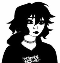 a black and white drawing of a girl with dark hair, wearing a black hoodie