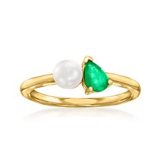 Ross-Simons - 5mm Cultured Pearl, .30ct Emerald Toi et Moi Ring in 14kt Yellow Gold. Size 7. French for "you and me," Toi et Moi rings are a unique way to celebrate a special relationship in your life. Wear our on-trend, two-stone designs as a sentimental symbol of romance, friendship, family - or simply treat yourself to double the sparkle! This elegant take on the trend features a 5mm cultured pearl glowing beside a lush .30 carat pear-shaped emerald. Crafted in polished 14kt yellow gold. 1/4" Emerald Pearl Ring, Toi Et Moi Oval And Emerald, Toi Et Moi Ring With Pearl, Toi Et Moi Ring Round And Emerald, Yellow Gold Multi-stone Pearl Ring, White Pearl Ring, Emerald Birthstone, Pearl Engagement Ring, Ring Pictures